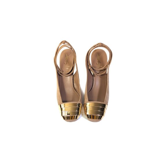 YSL Sandals Gold Toe Slingback Taupe Suede Sandals Size 38 |  7.5 US - Picture 1 of 12